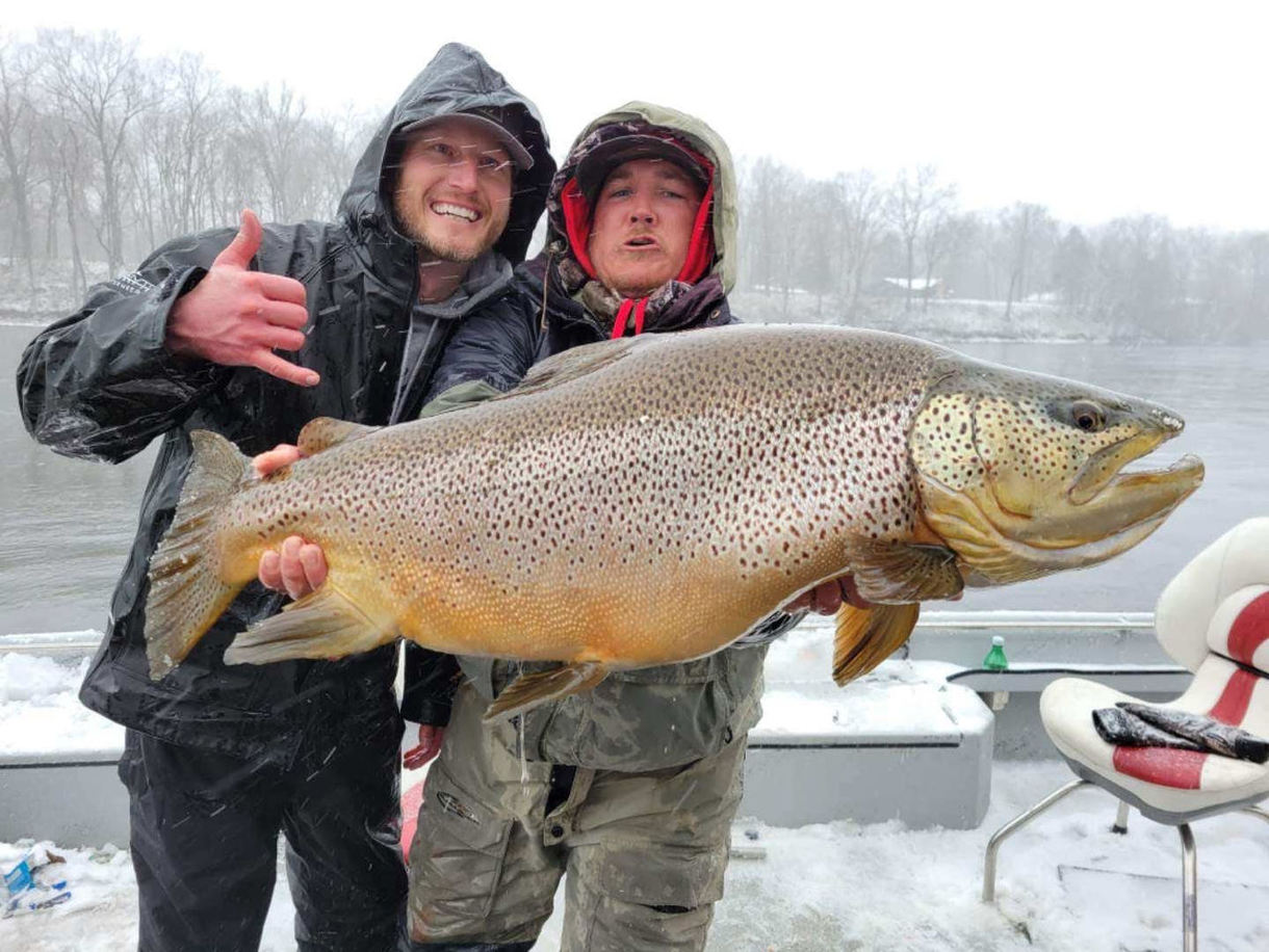 Craig Yowell and Eric Underhill bought in a 34-inch, 25.8-pound brown trout in the Bull Shoals Dam tailwater last weekend. Photo courtesy of Craig Yowell.\ 610x458